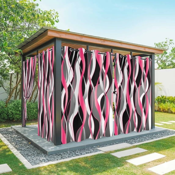 Outdoor Curtains for Patio Waterproof, Pink Stripe Windproof Pravicy Outside Porch Blackout Curtain, Gradient Grey Moire Geometric Modern Abstract Sun Blocking Curtains for Cabana 2 Panels 54"x108"