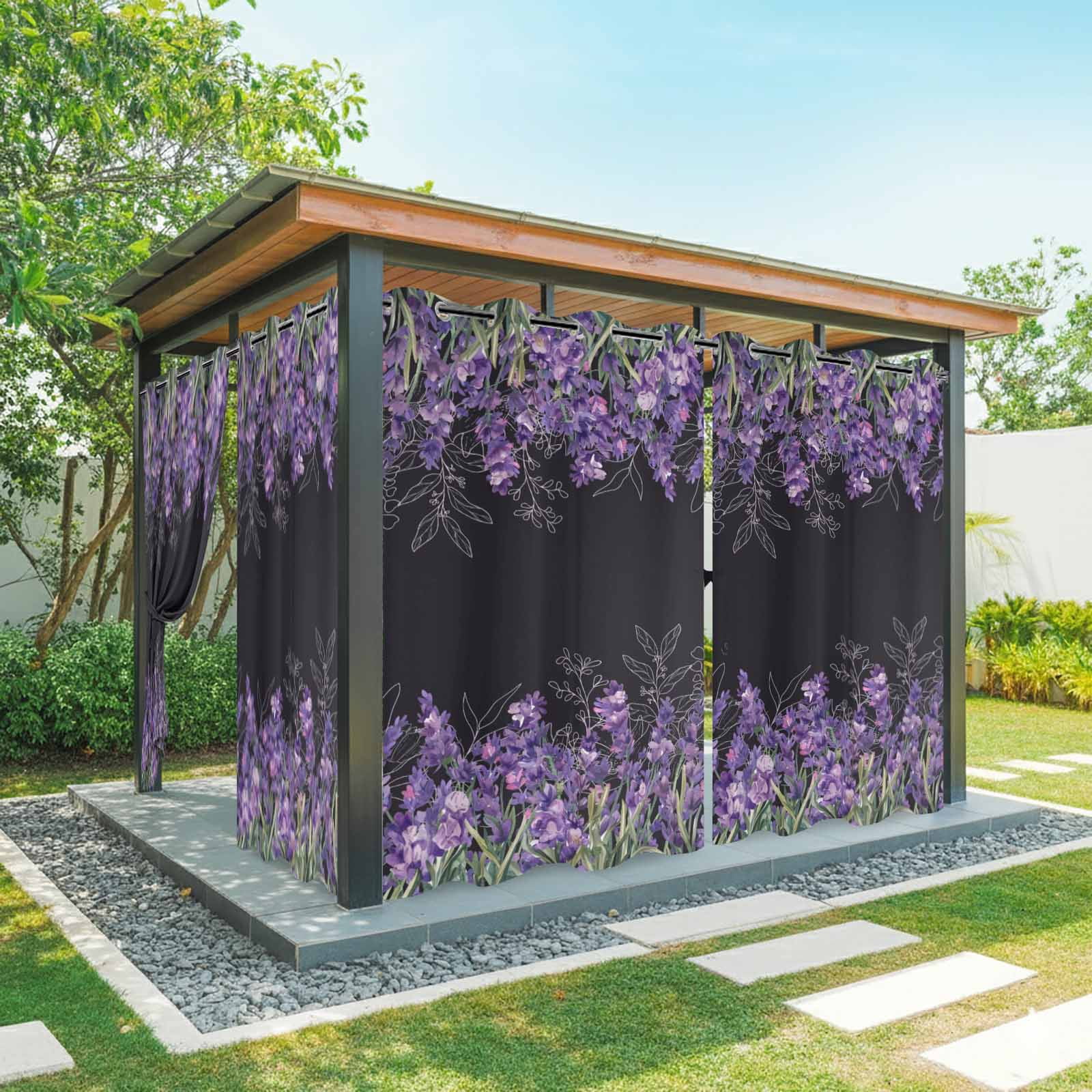 Outdoor Curtains for Patio Waterproof, Purple Lavender Outdoor Privacy Panels Grommet, Spring Watercolor Wildflowers Plant Black Blackout Outside Curtains for Porch/Cabana 54"x108", 1 Panel