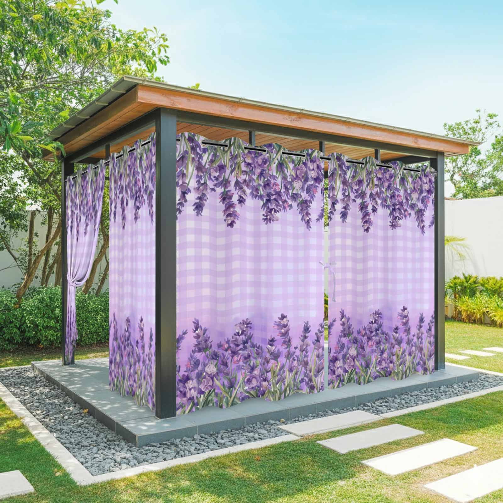 Outdoor Curtains for Patio Waterproof, Purple Lavender Outdoor Privacy Panels Grommet, Spring Watercolor Wildflowers Plant Plaid Blackout Outside Curtains for Porch/Cabana 54"x84", 2 Panels
