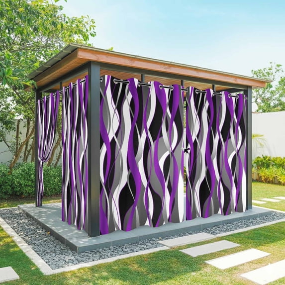 Outdoor Curtains for Patio Waterproof, Purple Stripe Windproof Pravicy Outside Porch Blackout Curtain, Black Grey White Gradient Striped Geometric Sun Blocking Grommets Curtains for Cabana 54"x95"
