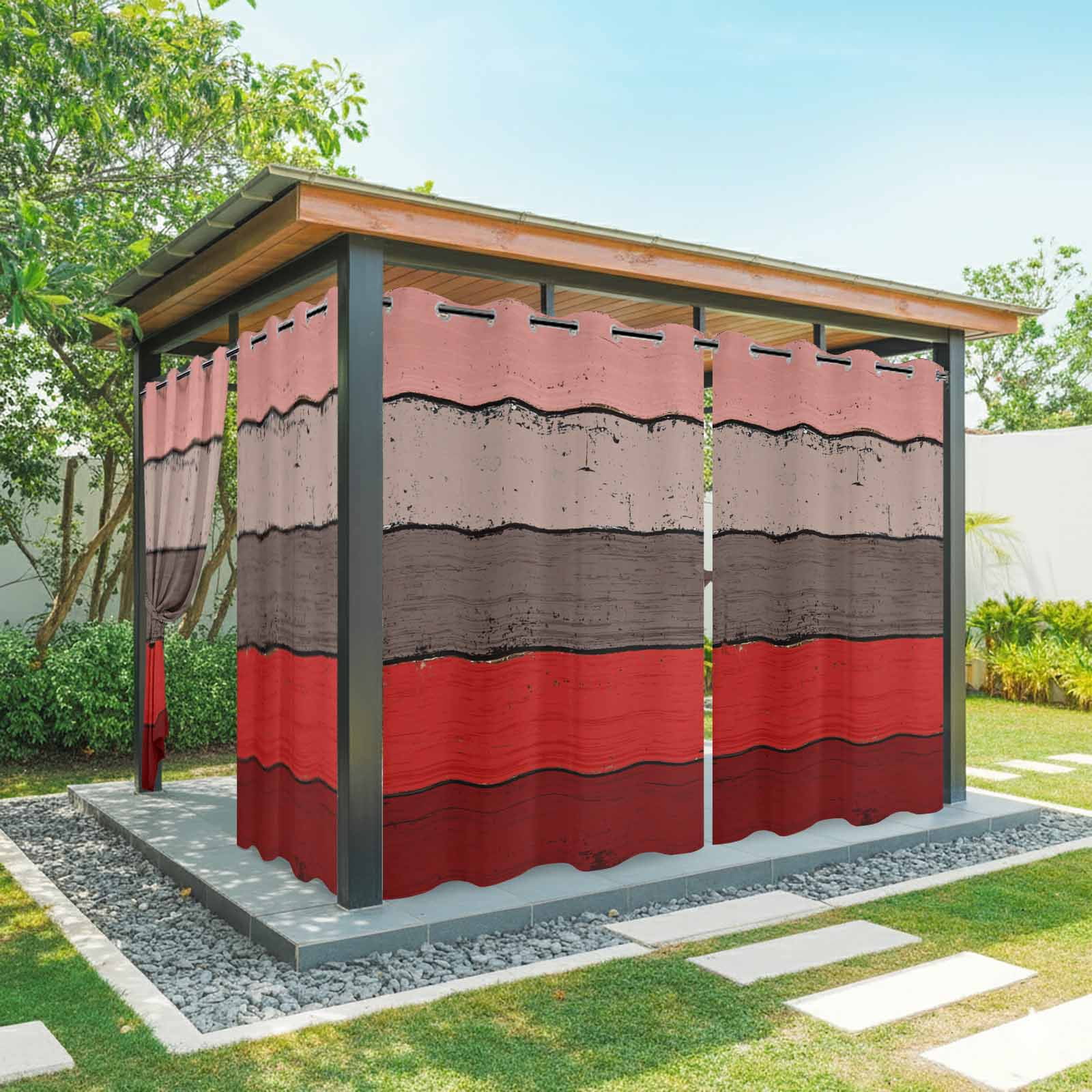 Outdoor Curtains for Patio Waterproof, Red Grey Windproof Pravicy Outside Porch Blackout Curtain, Vintage Stripe Farmhouse Wood Grain Ombre Sun Blocking Grommets Curtains for Cabana Gazebo 54"x108"