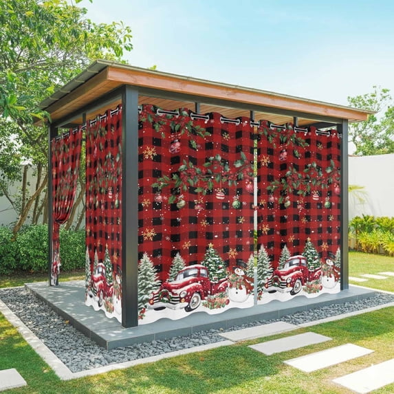 Outdoor Curtains for Patio Waterproof, Red Plaid Christmas Outdoor Privacy Panels Grommet, Xmas Snowman Truck Snowflake Tree Balls Blackout Outside Curtains for Porch/Cabana 54"x108", 1 Panel