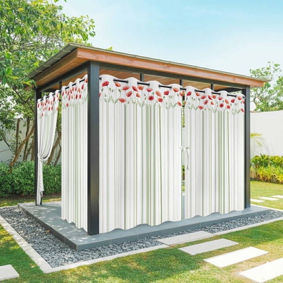 Outdoor Curtains for Patio Waterproof, Red Poppy Flowers Outdoor Privacy Panels Grommet, Spring Floral Lines Minimalist Green Blackout Outside Curtains for Porch/Cabana 54"x84", 2 Panels