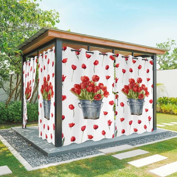 Outdoor Curtains for Patio Waterproof, Red Tulip Flowers Outdoor Privacy Panels Grommet, Spring Floral Vintage Drum Rustic Blackout Outside Curtains for Porch/Cabana/Pergola/Gazebo 54"x95", 1 Panel