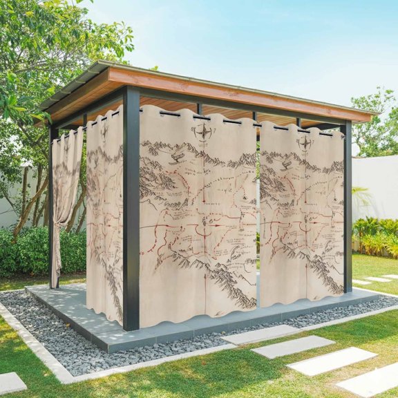Outdoor Curtains for Patio Waterproof, Retro Map Windproof Pravicy Outside Porch Blackout Curtain, Middle Century Mountain Landscape Vintage Art Sun Blocking Grommets Curtains for Cabana 54"x84"