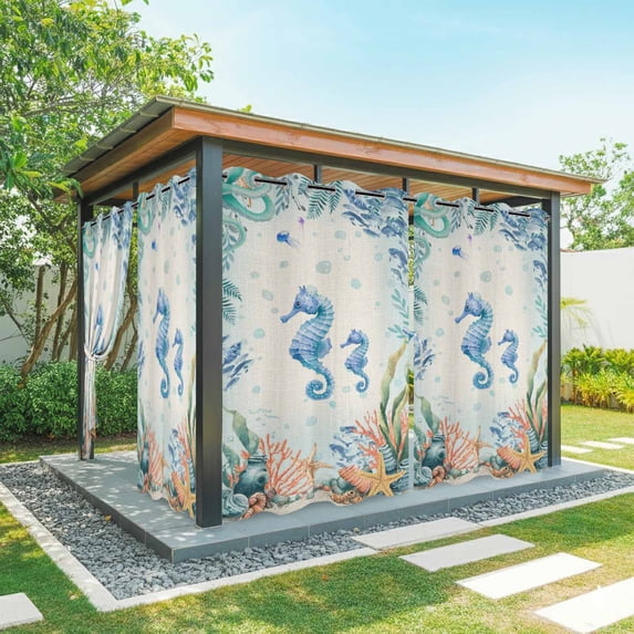Outdoor Curtains for Patio Waterproof, Seahorse Coastal Outdoor Privacy Panels Grommet, Summer Nautical Starfish Coral Beige Blackout Outside Curtains for Porch/Cabana/Pergola/Gazebo 54"x84", 1 Panel