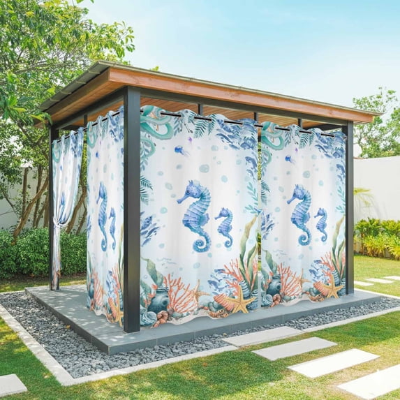 Outdoor Curtains for Patio Waterproof, Seahorse Coastal Outdoor Privacy Panels Grommet, Summer Nautical Starfish Coral Ocean Blackout Outside Curtains for Porch/Cabana 54"x108", 2 Panels