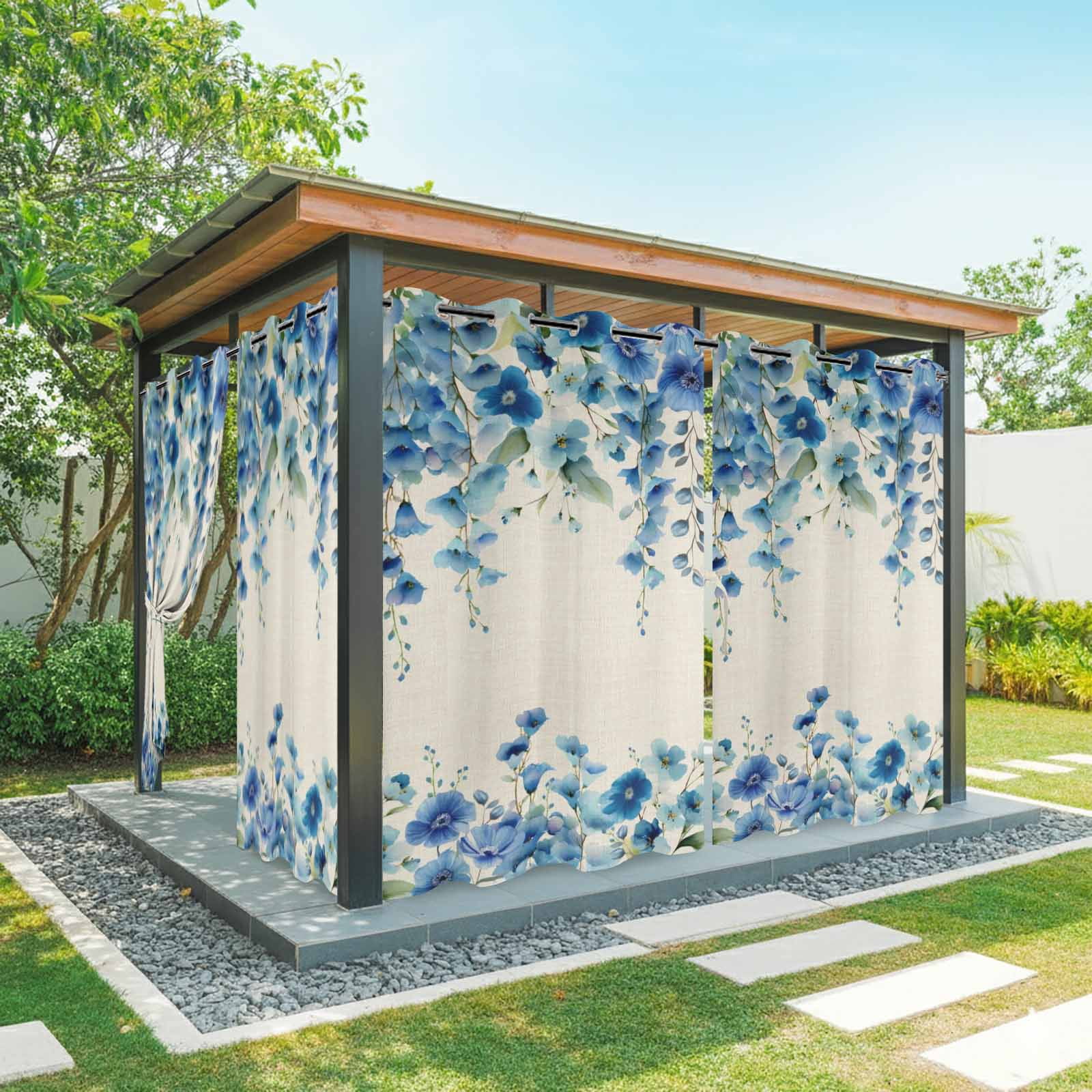 Waterproof Spring Outdoor Curtains for Patio Waterproof, Spring Blue Floral Outdoor ...
