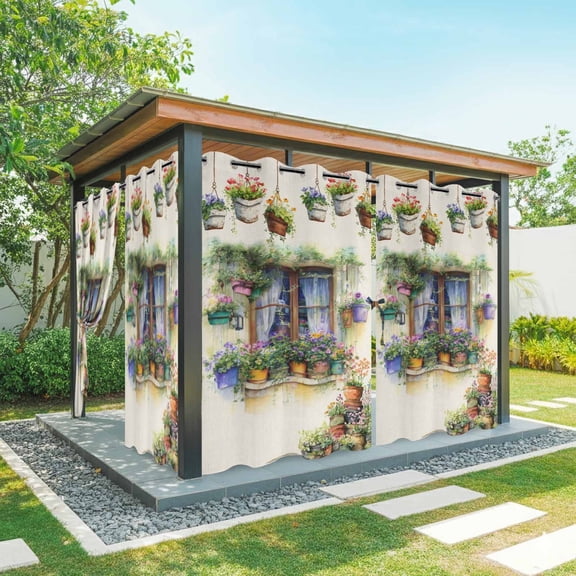 Outdoor Curtains for Patio Waterproof, Spring Flowers Outdoor Privacy Panels Grommet, Botanical Windows Floral Pots Bicycle Blackout Outside Curtains for Porch/Cabana/Pergola/Gazebo 54"x84", 1 Panel