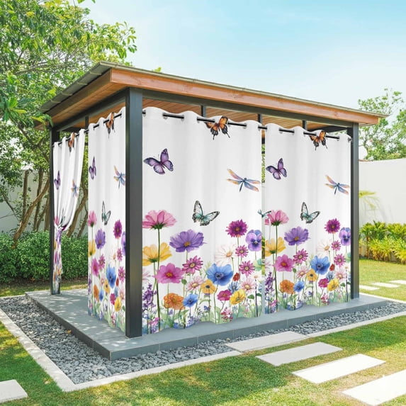 Outdoor Curtains for Patio Waterproof, Spring Flowers Outdoor Privacy Panels Grommet, Watercolor Butterfly Dragonfly Daisy Country Blackout Outside Curtains for Porch/Cabana 54"x84", 1 Panel