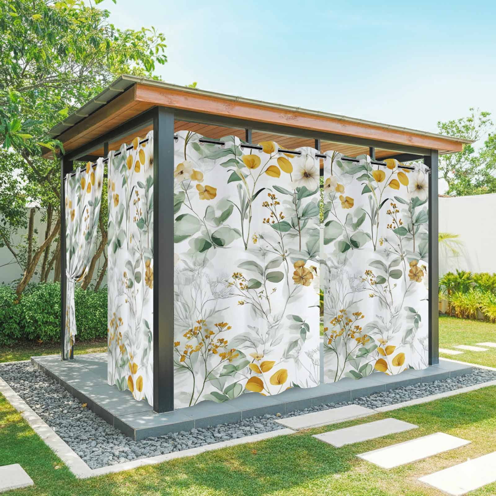 Outdoor Curtains for Patio Waterproof, Spring Flowers Windproof Pravicy Outside Porch Blackout Curtain, Country Green Eucalyptus Leaves Rustic Plants Sun Blocking Grommets Curtains54"x108"