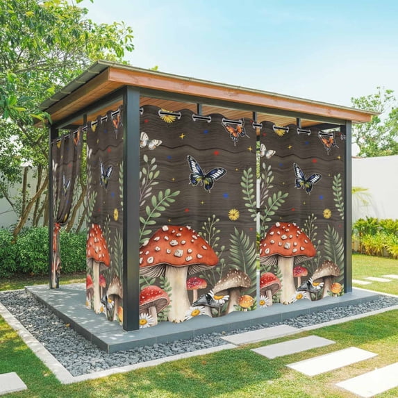 Outdoor Curtains for Patio Waterproof, Spring Mushrooms Outdoor Privacy Panels Grommet, Farmhouse Pastoral Botanical Brown Wood Blackout Outside Curtains for Porch/Cabana 54"x108", 1 Panel