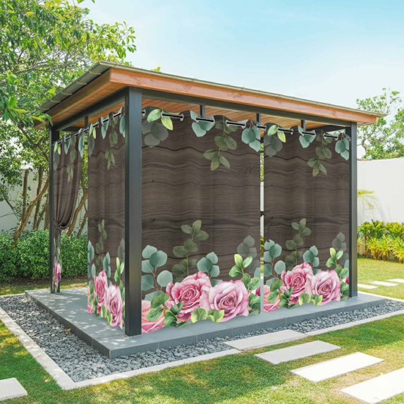 Outdoor Curtains for Patio Waterproof, Spring Pink Roses Outdoor Privacy Panels Grommet, Pastoral Eucalyptus Leaves Brown Wooden Blackout Outside Curtains for Porch/Cabana 54"x108", 1 Panel