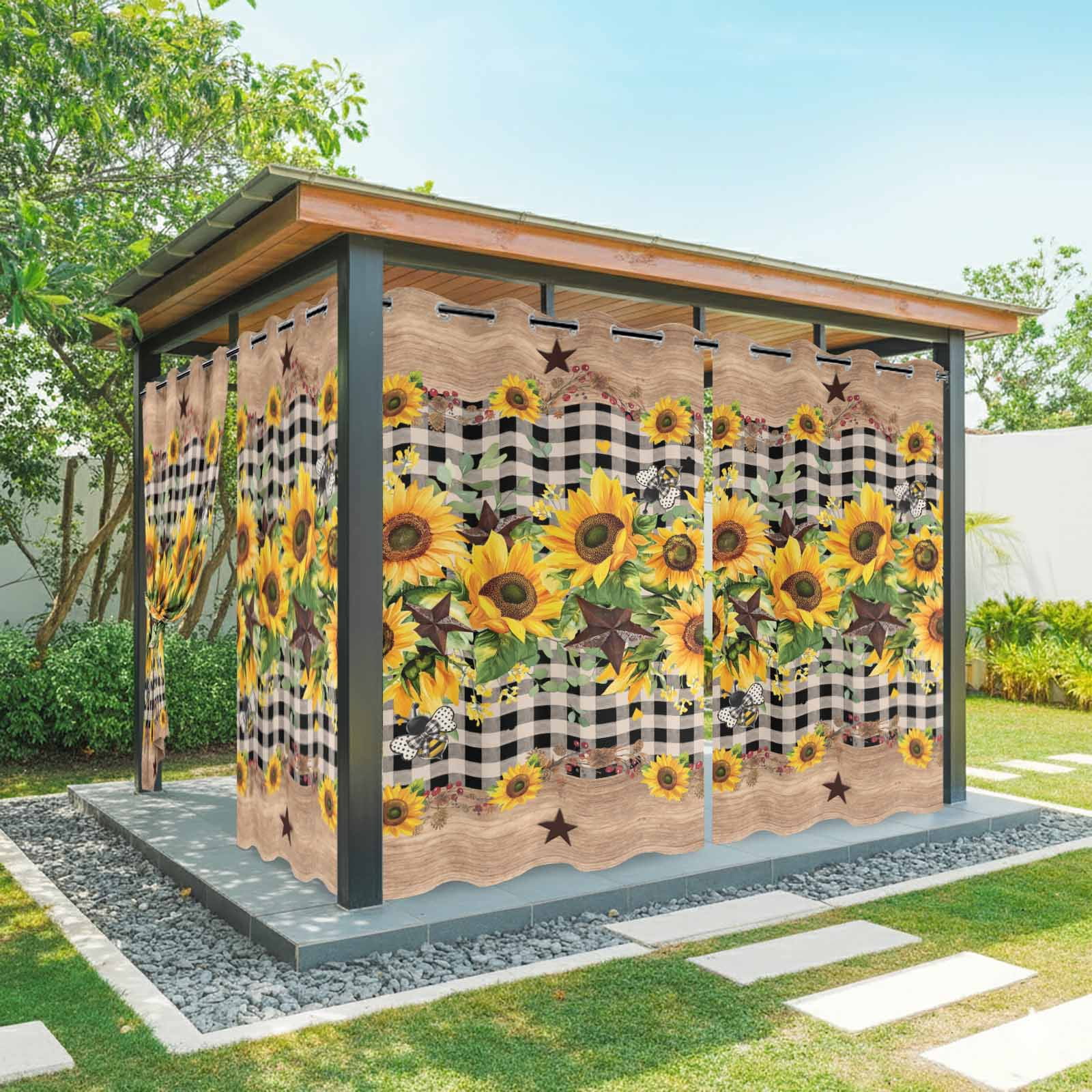 Outdoor Curtains for Patio Waterproof, Spring Sunflower Windproof Pravicy Outside Porch Blackout Curtain, Checkered Star Farmhouse Retro Sun Blocking Grommets Curtains for Cabana Gazebo 54"x108"
