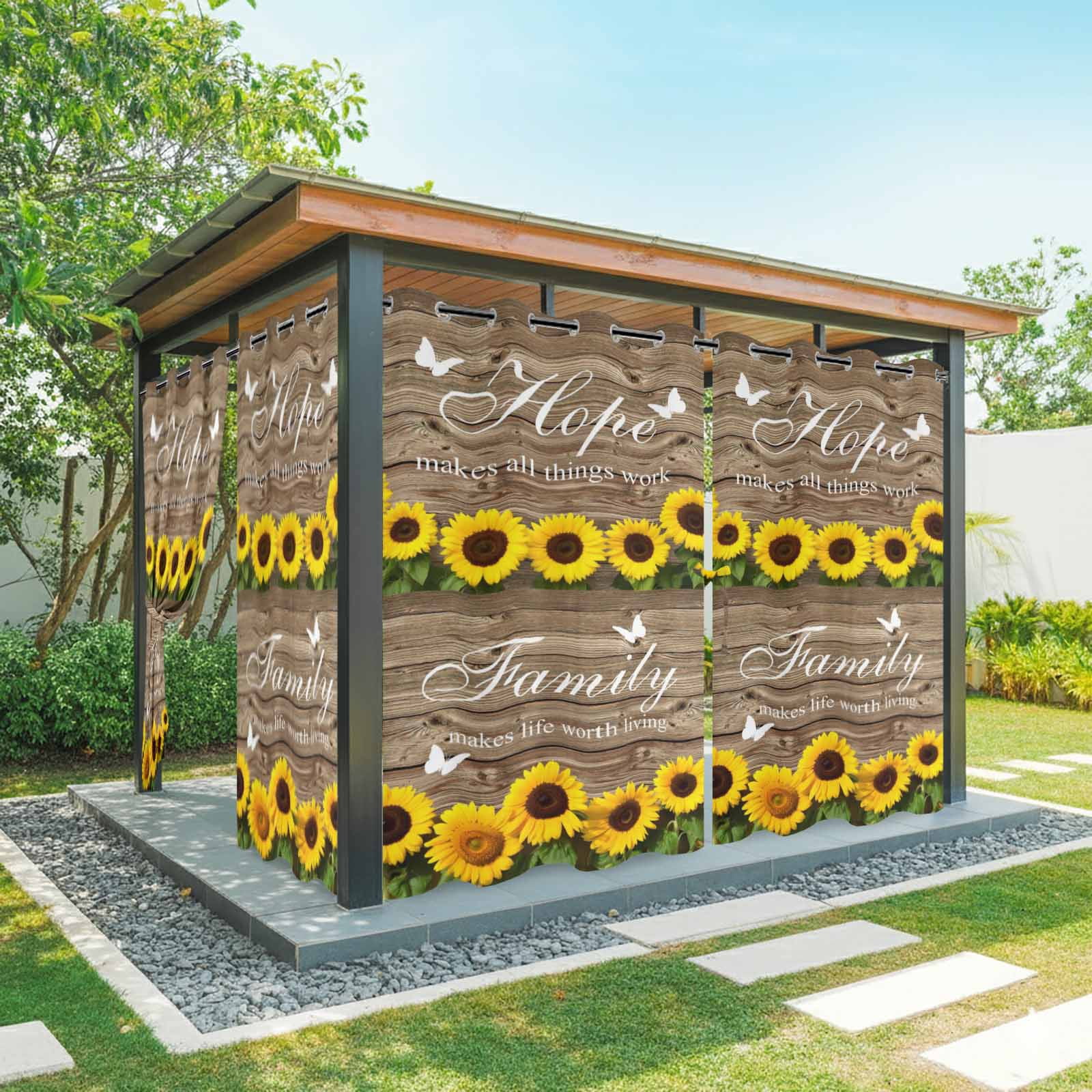 Outdoor Curtains for Patio Waterproof, Spring Sunflowers Outdoor Privacy Panels Grommet, Farmhouse Brown Wooden Plank Blackout Outside Curtains for Porch/Cabana/Pergola/Gazebo 54"x108", 1 Panel