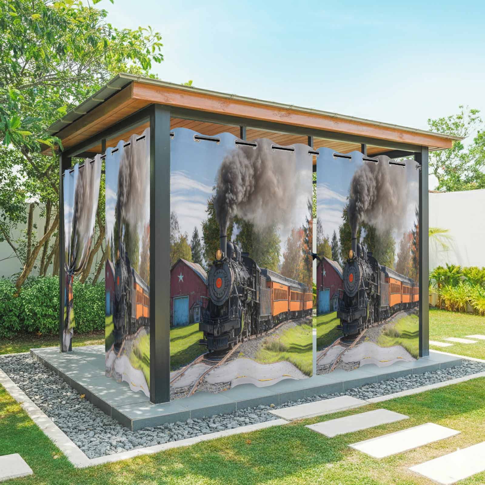 Outdoor Curtains for Patio Waterproof, Steam Train Windproof Pravicy Outside Porch Blackout Curtain, Railroad Country Barn Rustic Trees Farmhouse Sun Blocking Grommets Curtains for Cabana 54"x108"
