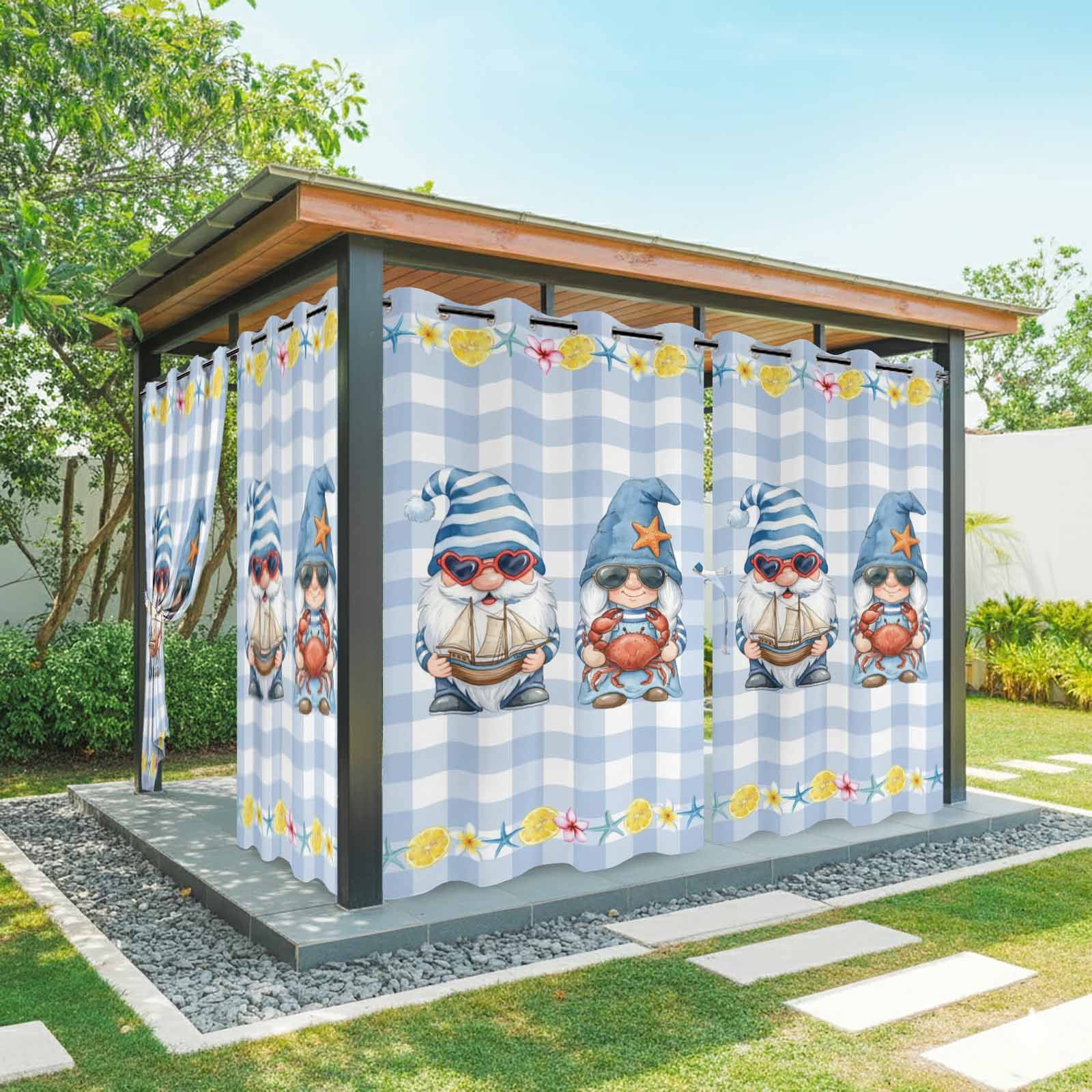 Outdoor Curtains for Patio Waterproof, Summer Gnomes Nautical Windproof Pravicy Outside Porch Blackout Curtain, Blue Floral Starfish Checkered Sun Blocking Grommets Curtains for Cabana 54"x108"