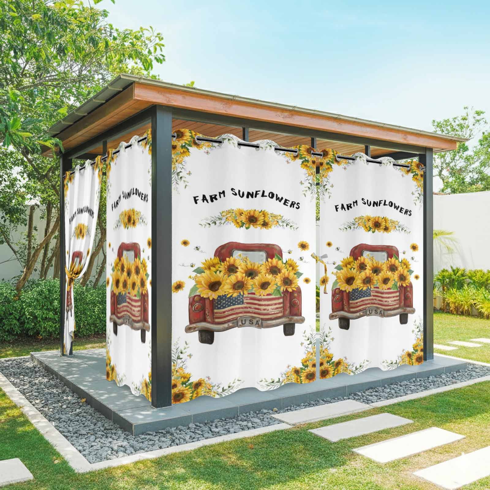 Outdoor Curtains for Patio Waterproof, Sunflower Truck Outdoor Privacy Panels Grommet, Yellow Flowers Summer Botanical Watercolor Blackout Outside Curtains for Porch/Cabana 54"x84", 1 Panel
