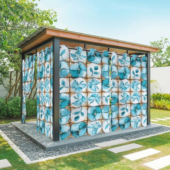 Outdoor Curtains for Patio Waterproof Teal Floral Leaves Indoor/Outdoor Curtain Tiebacks Ethnic Style Lattice Privacy Curtain Sun Block Grommet Drapes for Pergolas Gazebo Porch 2 Panel 54x108 Inch