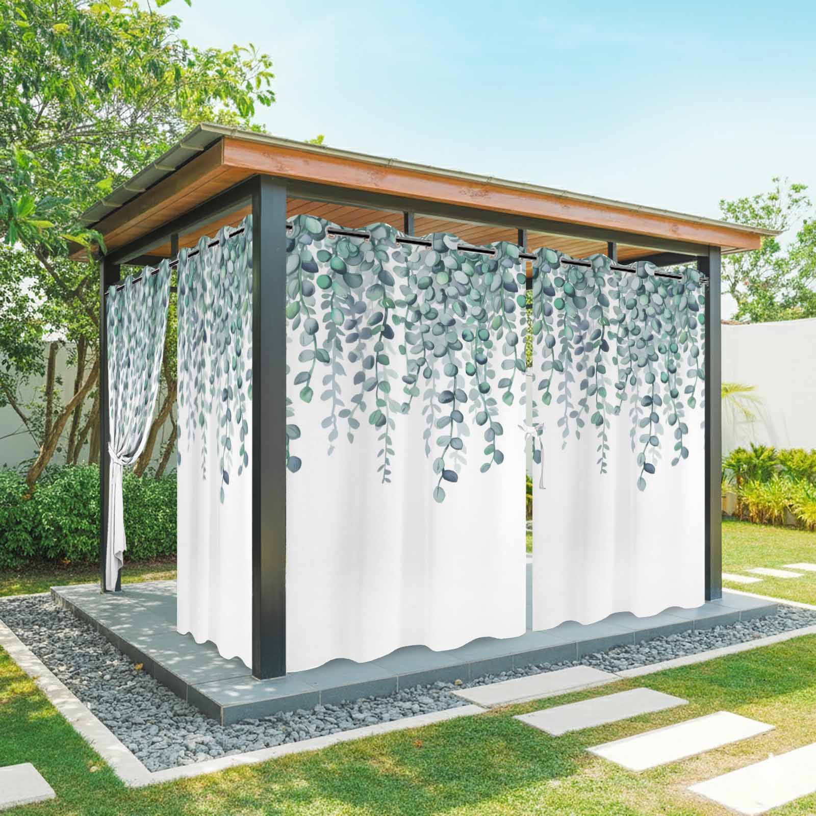 Outdoor Curtains for Patio Waterproof, Teal Green Eucalyptus Leaves Outdoor Privacy Panels Grommet, Spring Plants Leaves Country Blackout Outside Curtains for Porch/Cabana 54"x108", 1 Panel