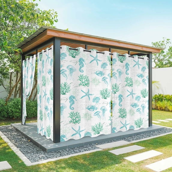 Outdoor Curtains for Patio Waterproof Teal Green Jellyfish Indoor/Outdoor Curtain Tiebacks Coral Starfish Seahorse Privacy Sun Block Grommet Drapes for Pergolas Gazebo Porch 2 Panel 54x108 Inch
