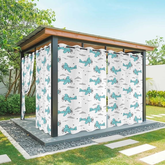 Outdoor Curtains for Patio Waterproof, Turquoise Airplane Outdoor Privacy Panels Grommet, Modern Abstract Art Cartoon Clouds Blackout Outside Curtains for Porch/Cabana/Pergola/Gazebo 54"x84", 1 Panel