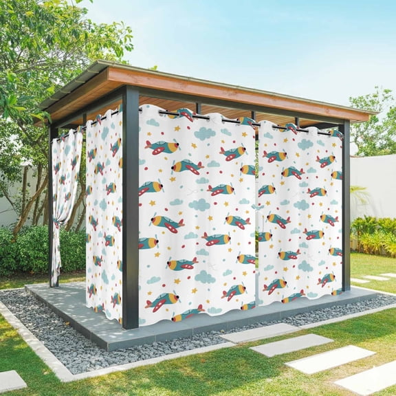 Outdoor Curtains for Patio Waterproof, Turquoise Airplane Outdoor Privacy Panels Grommet, Modern Art Cartoon Aircraft Clouds Blackout Outside Curtains for Porch/Cabana 54"x108", 1 Panel