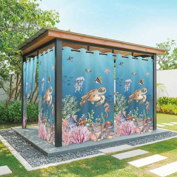 Outdoor Curtains for Patio Waterproof, Turtle Coastal Windproof Pravicy Outside Porch Blackout Curtain, Nautical Ocean Summer Beach Coral Octopus Sun Blocking Grommets Curtains for Cabana 54"x108"