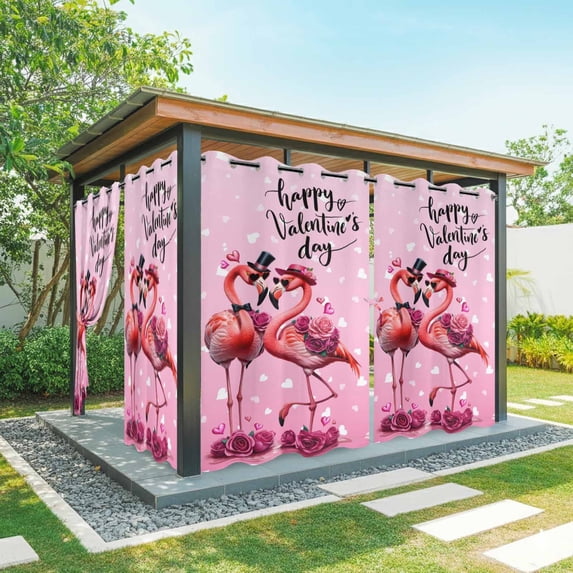 Outdoor Curtains for Patio Waterproof, Valentine's Day Outdoor Privacy Panels Grommet, Flamingos Roses Love Romance Ombre Pink Blackout Outside Curtains for Porch/Cabana 54"x95", 1 Panel