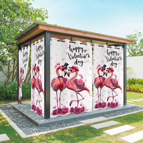 Outdoor Curtains for Patio Waterproof, Valentine's Day Outdoor Privacy Panels Grommet, Red Flamingos Roses Love Romance White Blackout Outside Curtains for Porch/Cabana 54"x95", 1 Panel