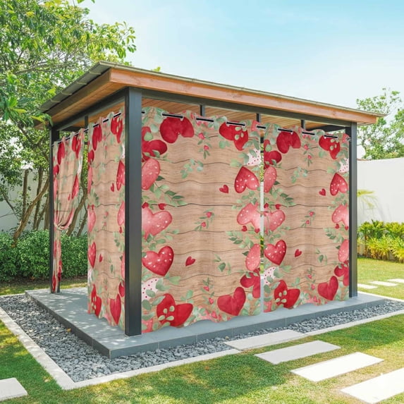 Outdoor Curtains for Patio Waterproof, Valentines Love Heart Outdoor Privacy Panels Grommet, Eucalyptus Red Love Heart Wooden Blackout Outside Curtains for Porch/Cabana 54"x84", 2 Panels