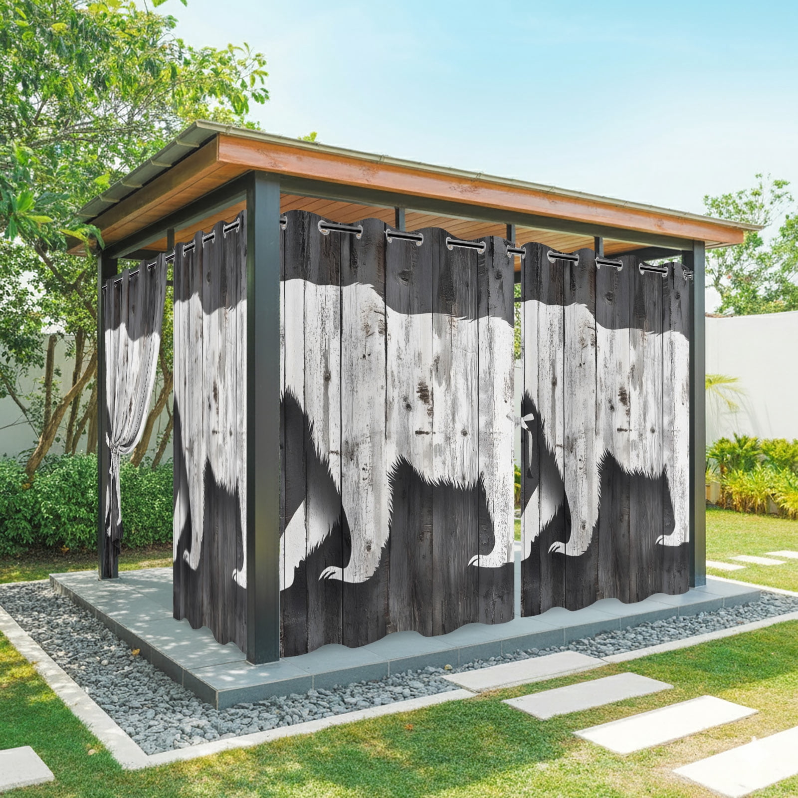 Outdoor Curtains for Patio Waterproof, Vintage Bear Windproof Pravicy Outside Porch Blackout Curtain, Retro Farmhouse Country Wooden Grain Sun Blocking Grommets Curtains for Cabana Gazebo 54"x108"