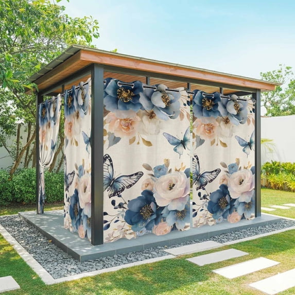 Outdoor Curtains for Patio Waterproof, Vintage Blue Floral Outdoor Privacy Panels Grommet, Butterflies Watercolor Flower Linen Blackout Outside Curtains for Porch/Cabana 54"x84", 2 Panels