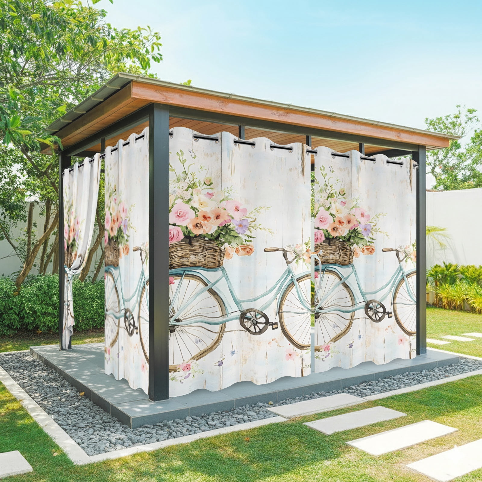 Outdoor Curtains for Patio Waterproof, Vintage Floral Bicycle Windproof Pravicy Outside Porch Blackout Curtain, Spring Farmhouse Bird Wood Sun Blocking Grommets Curtains for Cabana Gazebo 54"x108"