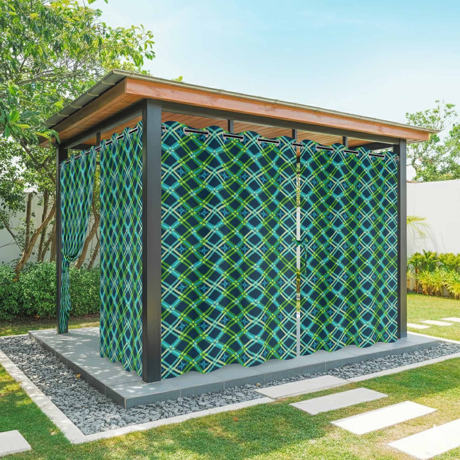 Outdoor Curtains for Patio Waterproof, Vintage Green Windproof Pravicy Outside Porch Blackout Curtain, Geometric Tartan Plaid Ethnic Farmhouse Sun Blocking Grommets Curtains 2 Panels 54"x108"