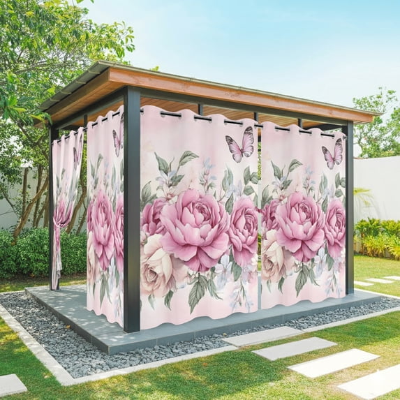 Outdoor Curtains for Patio Waterproof, Watercolor Pink Floral Windproof Pravicy Outside Porch Blackout Curtain, Spring Romantic Roses Butterfly Sun Blocking Grommets Curtains for Cabana 54"x95"