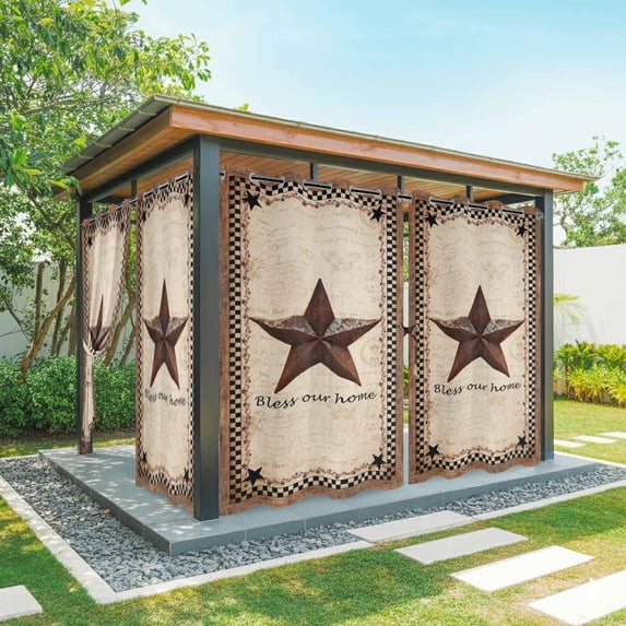 Outdoor Curtains for Patio Waterproof, Western Star Brown Outdoor Privacy Panels Grommet, Texas Stars Retro Farmhouse Buffalo Plaid Blackout Outside Curtains for Porch/Cabana 54"x95", 1 Panel