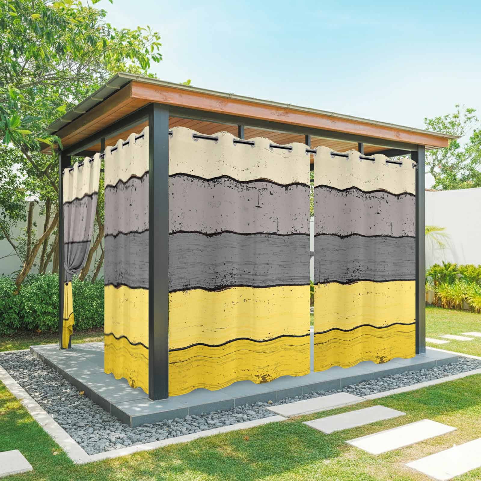 Outdoor Curtains for Patio Waterproof, Yellow Grey Windproof Pravicy Outside Porch Blackout Curtain, Vintage Stripe Farmhouse Wood Grain Ombre Sun Blocking Grommets Curtains for Cabana 54"x108"
