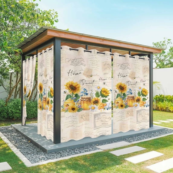 Outdoor Curtains for Patio Waterproof, Yellow Sunflowers Outdoor Privacy Panels Grommet, Floral Bees Elegant Pastoral Botanical Blackout Outside Curtains for Porch/Cabana 54"x108", 2 Panels