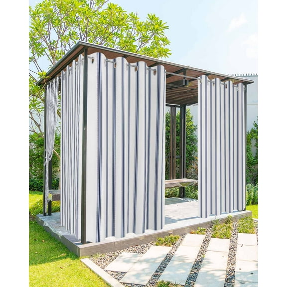 Outdoor Curtains for Patio White and Navy Blue Striped Geometric Waterproof Privacy Outside Curtains with 2 Tiebacks Grommet Top Pergola Curtains for Porch Cabana Gazebo 1 Panel, 54x84 inch