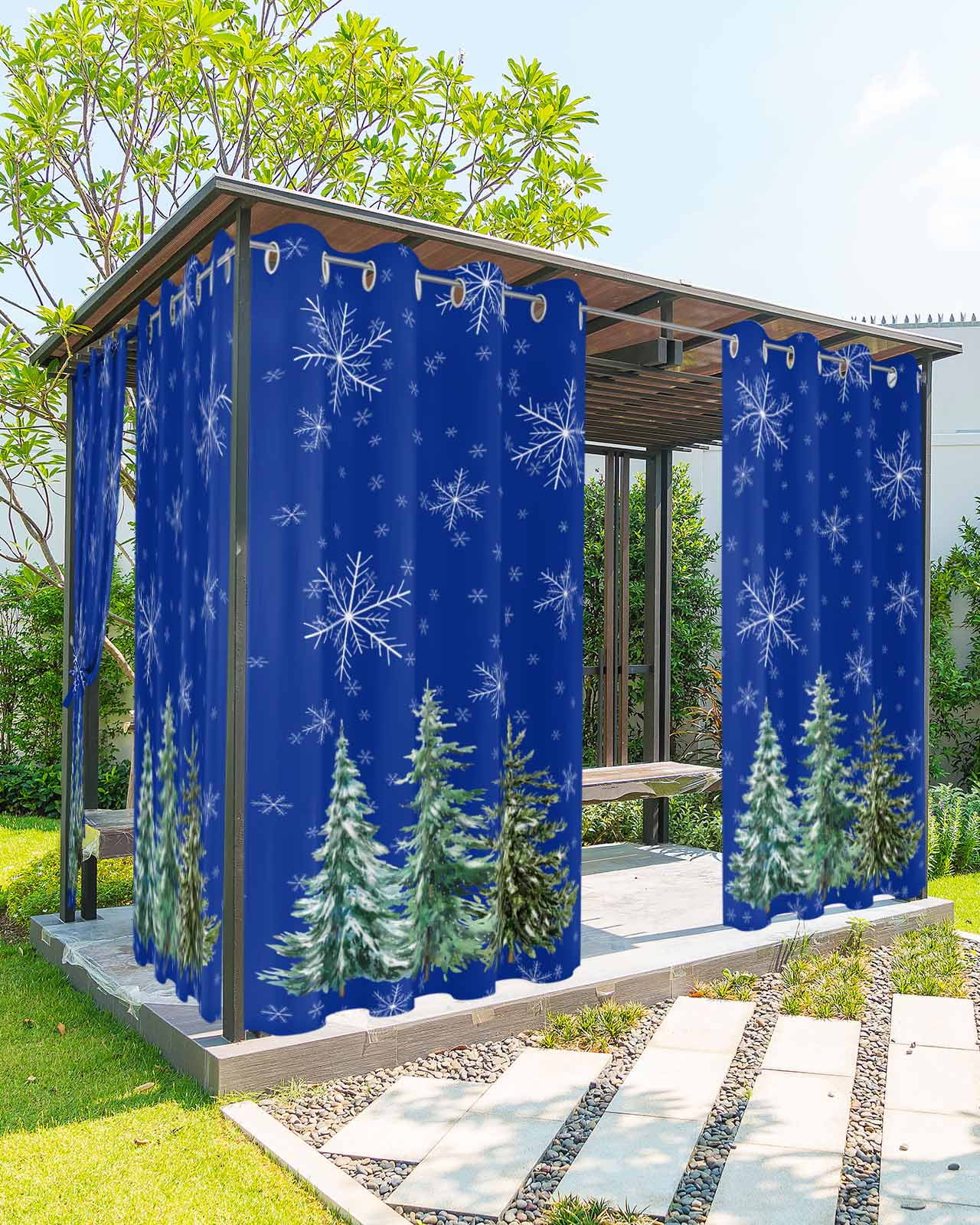 Outdoor Curtains for Patio Winter Navy Blue Xmas Pine Trees Snow Waterproof Outdoor Curtains 84 ...