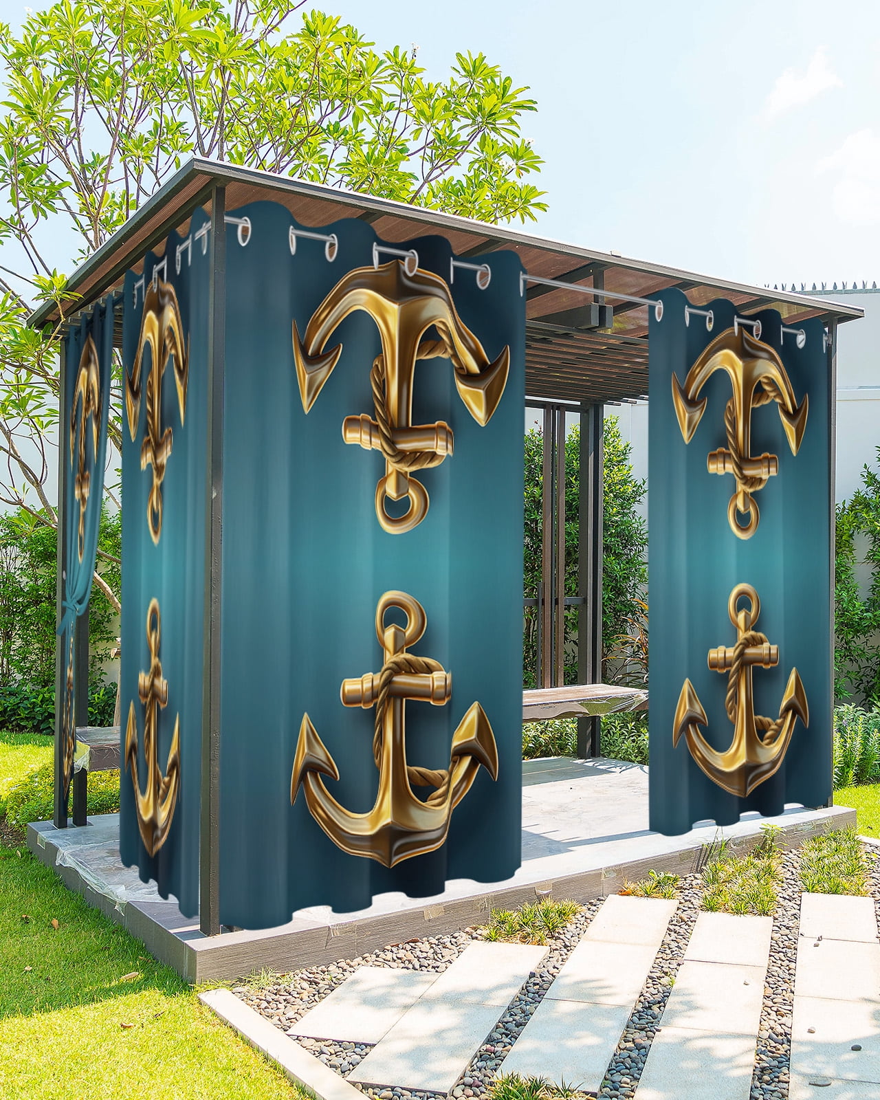 Outdoor Curtains for Patio, Yellow Anchor Waterproof Blackout Outside Curtain for Porch/Pergola/Gazebo, Coastal Nautical Anchor Turquoise Thermal Insulated Drapes for Cabana, 2 Panels, 54 x 84 Inch