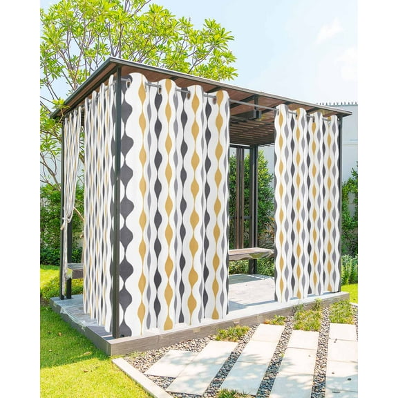 Outdoor Curtains for Patio Yellow Grey and Black Geometric Striped Waterproof Privacy Outside Curtains with Tiebacks Grommet Top Pergola Curtains for Porch Cabana Gazebo 2 Panels, 54x95 inch