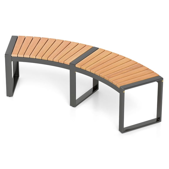 Outdoor Curved Bench Acacia Wood Fire Pit Bench With Slatted Seat Heavy Duty Metal Frame, Patio Backless 2 Person Seating Furniture For Yard Deck Porch Natural