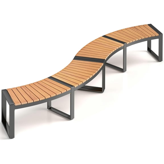 Outdoor Curved Bench, Acacia Wood Fire Pit Bench w/Slatted Seat, Metal Frame, Loveseat, Outside Chair, Patio Backless 2-Person Seating for Yard Deck Porch 800 LBS Max Load, Oil Painted (2)