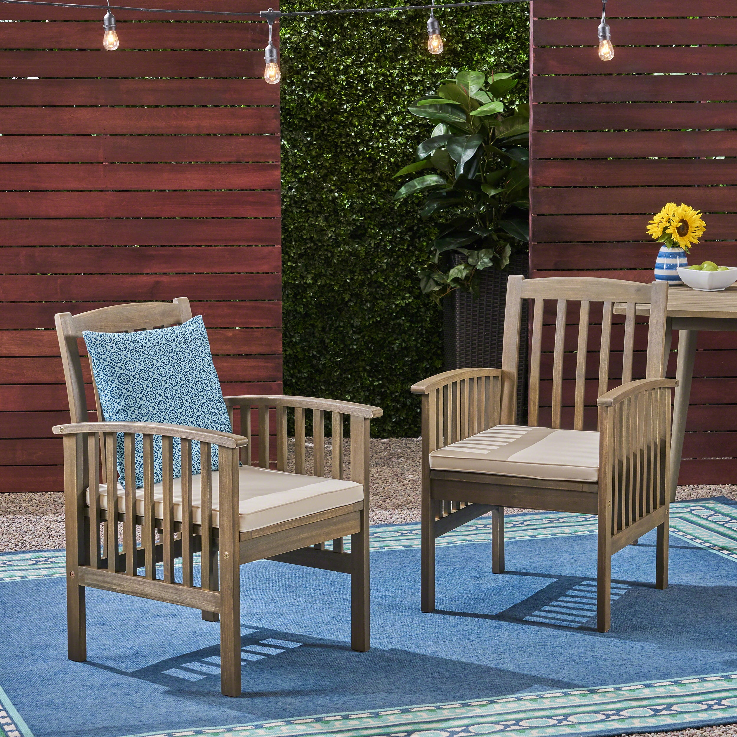 Outdoor Cushioned Dining Chair Set of 2, Acacia Wood Frame Comfort Seats for Patio Garden, Gray and Cream