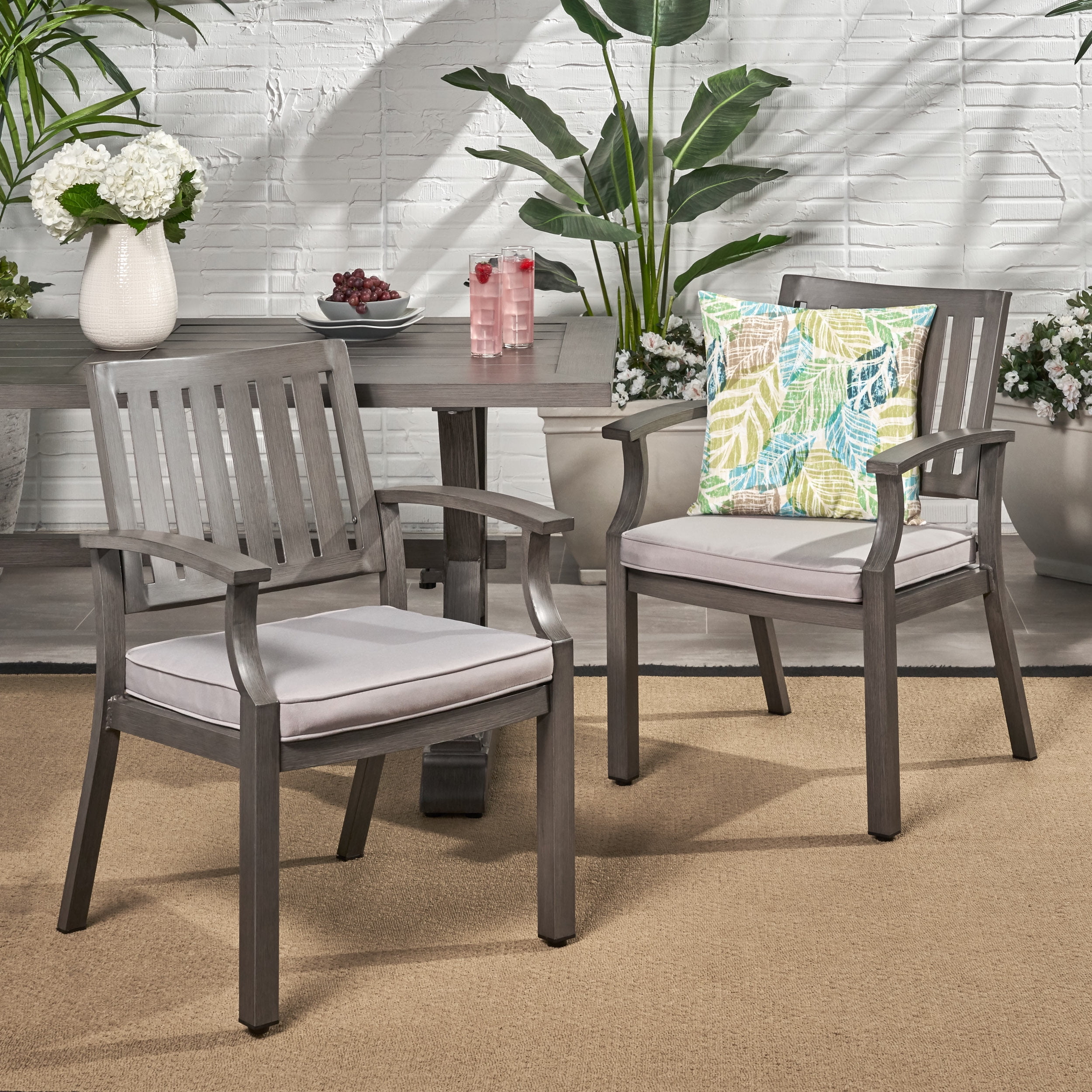 Outdoor Cushioned Dining Chair Set of 2, Acacia Wood and Metal Frame Household Seats for Patio Garden, Dark Gray and Silver