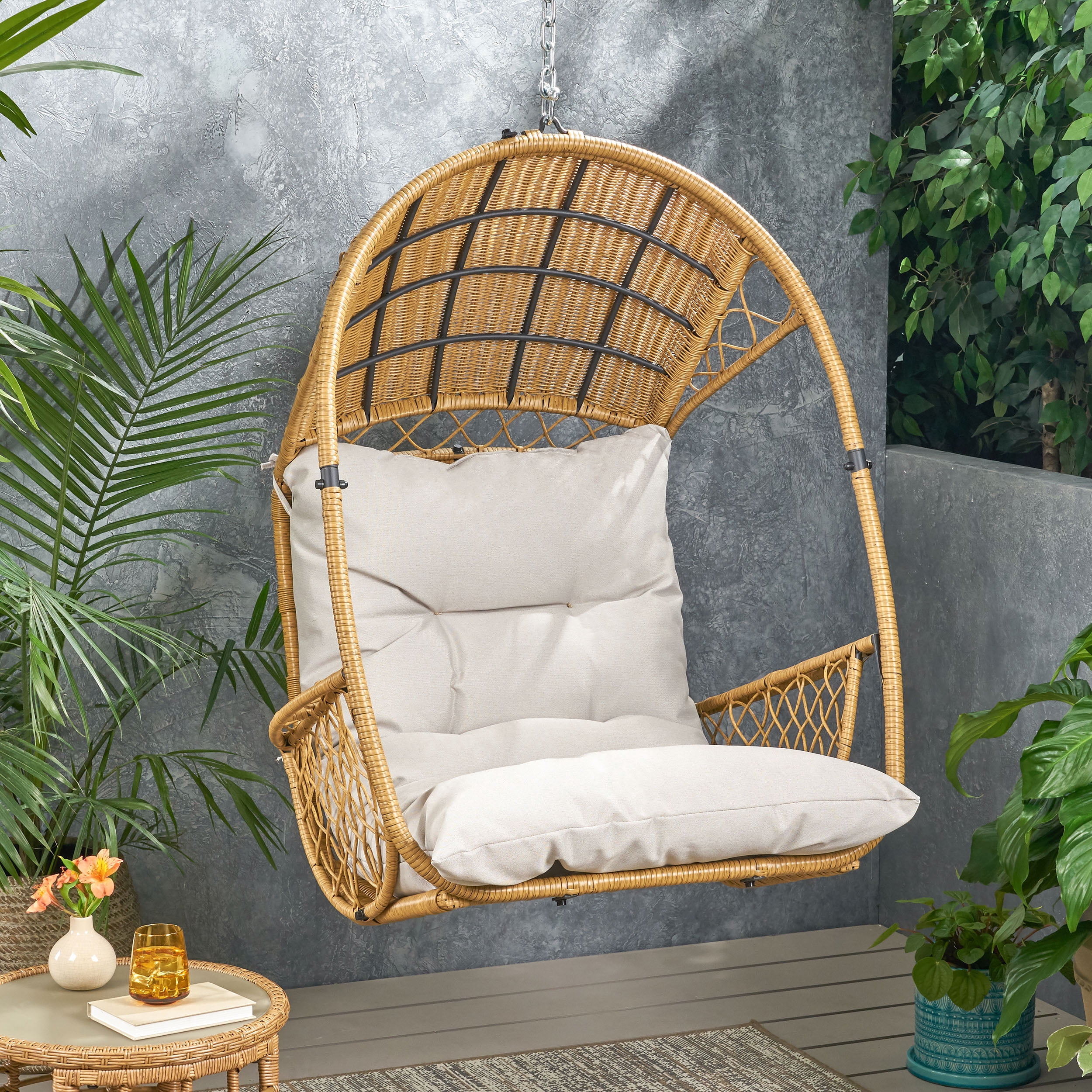 Outdoor Cushioned Hanging Leisure Chair, Wicker Weave Suspended Single Seat for Patio Garden, Light Brown and Beige