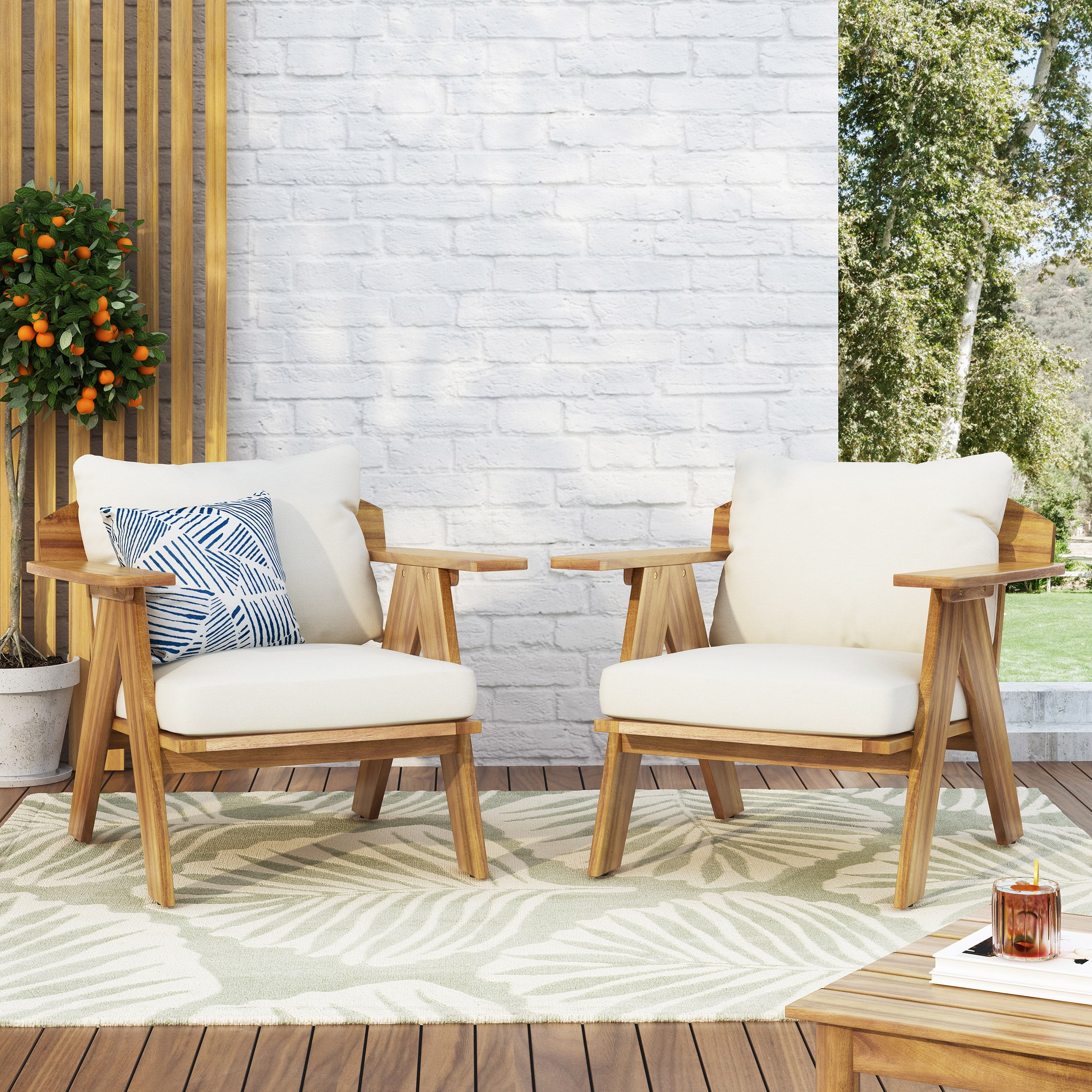 Outdoor Cushioned Single Chair Set of 2, Acacia Wood Frame Relaxing Seats for Patio Garden, Teak and Beige