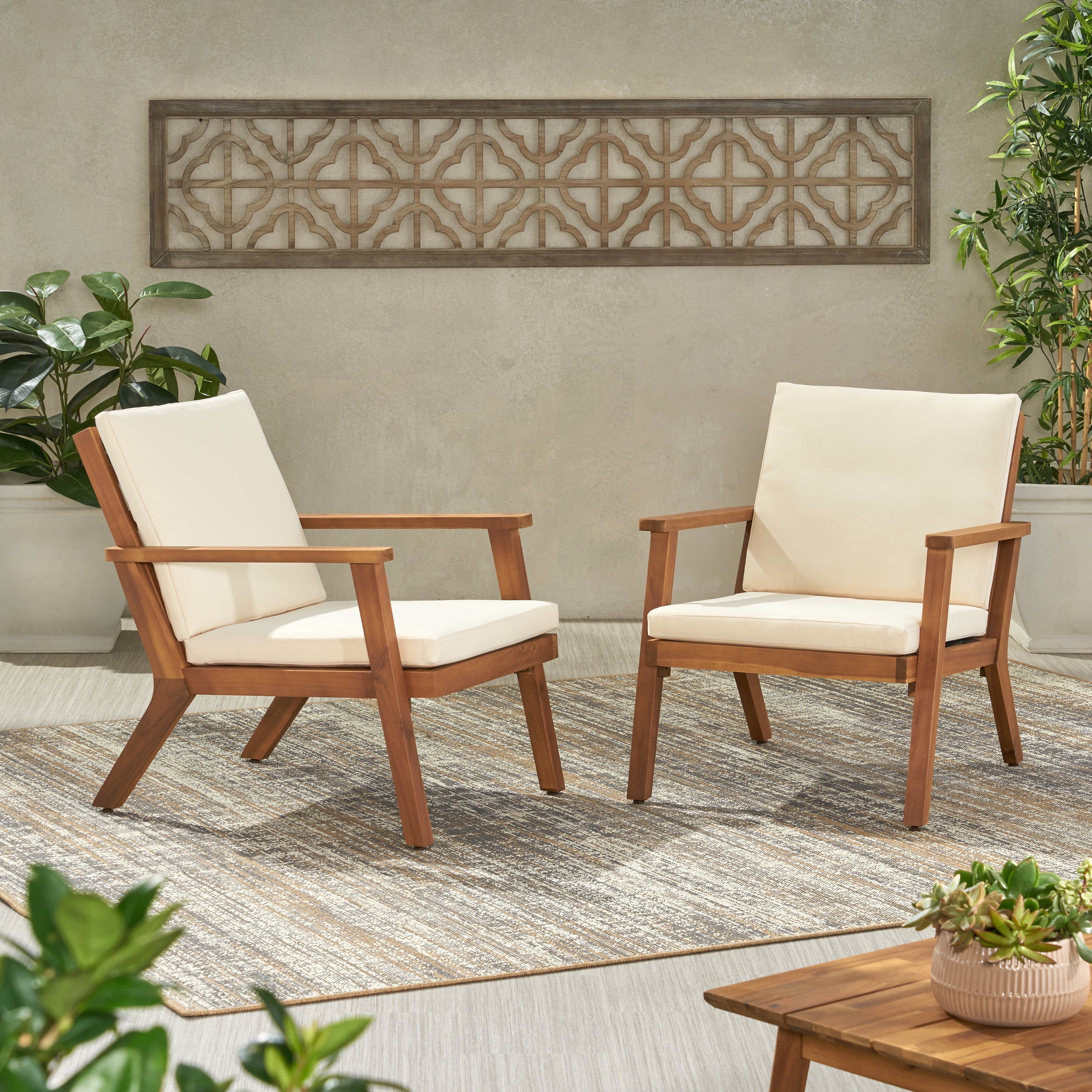 Outdoor Cushioned Single Chair Set of 2, Acacia Wood Frame Relaxing Seats for Patio Garden, Teak and Cream